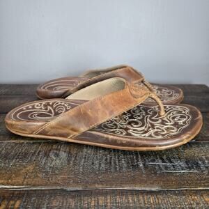 OluKai Mekila Mens Size 11 Beach Flip Flops Sandals Premium Leather Brown